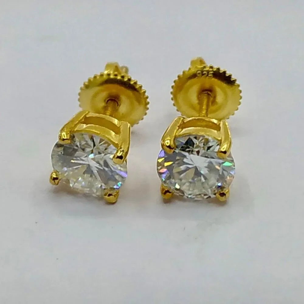Stunning 6.5mm Moissanite Round Screw Back 18k Gold Solitaire Stud Earrings 2ctw - Picture 5 of 9